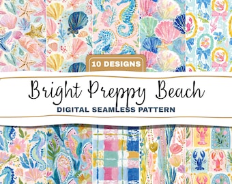 Bright preppy coquette beach seamless pattern bundle painted coastal designs Digital Download