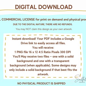 The image is a digital download that includes a Google Drive link to download the files. The text states that there are no refunds for the design, and the user may not claim it as their own artwork. The design includes a Google Drive link to access the files, and the user will receive two files - one with a solid background and one with a transparent background (when applicable). The text also mentions that no physical product is shipped.