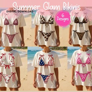 Peut inclure: Six t-shirts blanc cassé avec des imprimés graphiques de bikinis aux motifs variés, incluant léopard, taches de vache, cerises, et étoiles et rayures. Le texte Summer Glam Bikinis et 6 Designs Digital Download est visible en haut.