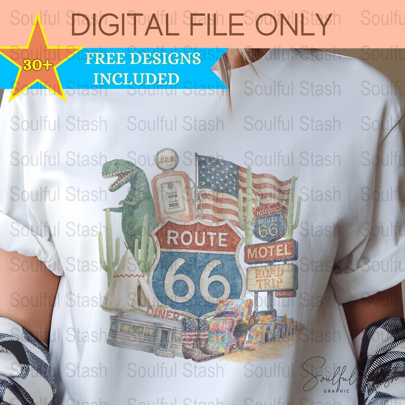 Route 66 T-Shirt, Vintage American Road Trip Graphic Tee, Unisex Summer Travel Top with Classic USA Motel Artwork