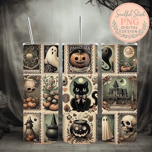 Vaso delgado vintage de Halloween con diseño de gato negro de 20 oz, envoltura para taza, diseños de sublimación, descarga digital PNG, idea de regalo, vaso delgado recto.