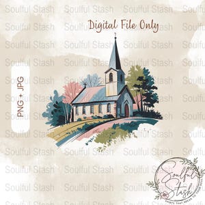 Vintage Church Digital Art, Printable Church Illustration, Rustic Church Decor, Digital Download PNG, Home Wall Art, Instant Download