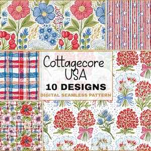 May include: A collection of ten digital seamless patterns with a Cottagecore USA theme. The designs feature floral arrangements, plaid, and patriotic stripes in red, white, and blue. The patterns are suitable for various craft projects.