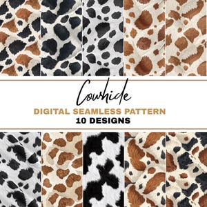 Könnte beinhalten: Zehn digitale nahtlose Muster mit verschiedenen Kuhfell-Designs. Die Muster umfassen braunes, schwarzes und weißes Kuhfell mit unterschiedlichen Flecken Größen und Formen.