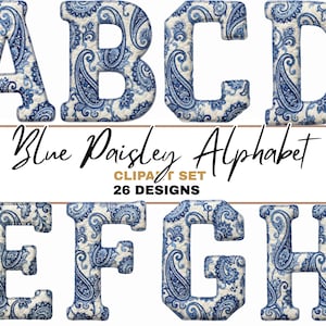May include: A collection of capital letters A, B, C, D, E, F, G, and H, each designed with a blue paisley pattern on a cream background. The text "Blue Paisley Alphabet" and "CLIP ART SET 26 DESIGNS" are also visible.
