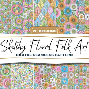 Skizzenhafte Volkskunst Blumen Musterdesign Bundle Kindergarten Stil Hand gezeichnet Pastell Digitaler Download