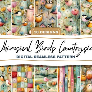 May include: A digital seamless pattern featuring ten whimsical bird designs. The patterns showcase colorful birds, birdhouses, and floral elements in a countryside theme. The text "Whimsical Birds Countryside" and "10 Designs" are visible.