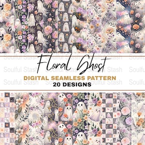 Puede incluir: Una colección de 20 patrones digitales sin costuras con diseños florales y fantasmas caprichosos. Los patrones muestran una variedad de paletas de colores, incluyendo morados, naranjas y verdes. El texto "Floral Ghost" y "Digital Seamless Pattern" es visible.