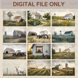 Rustic Farmhouse Digital Art Collection, Vintage Countryside Landscapes, Printable Wall Decor Set