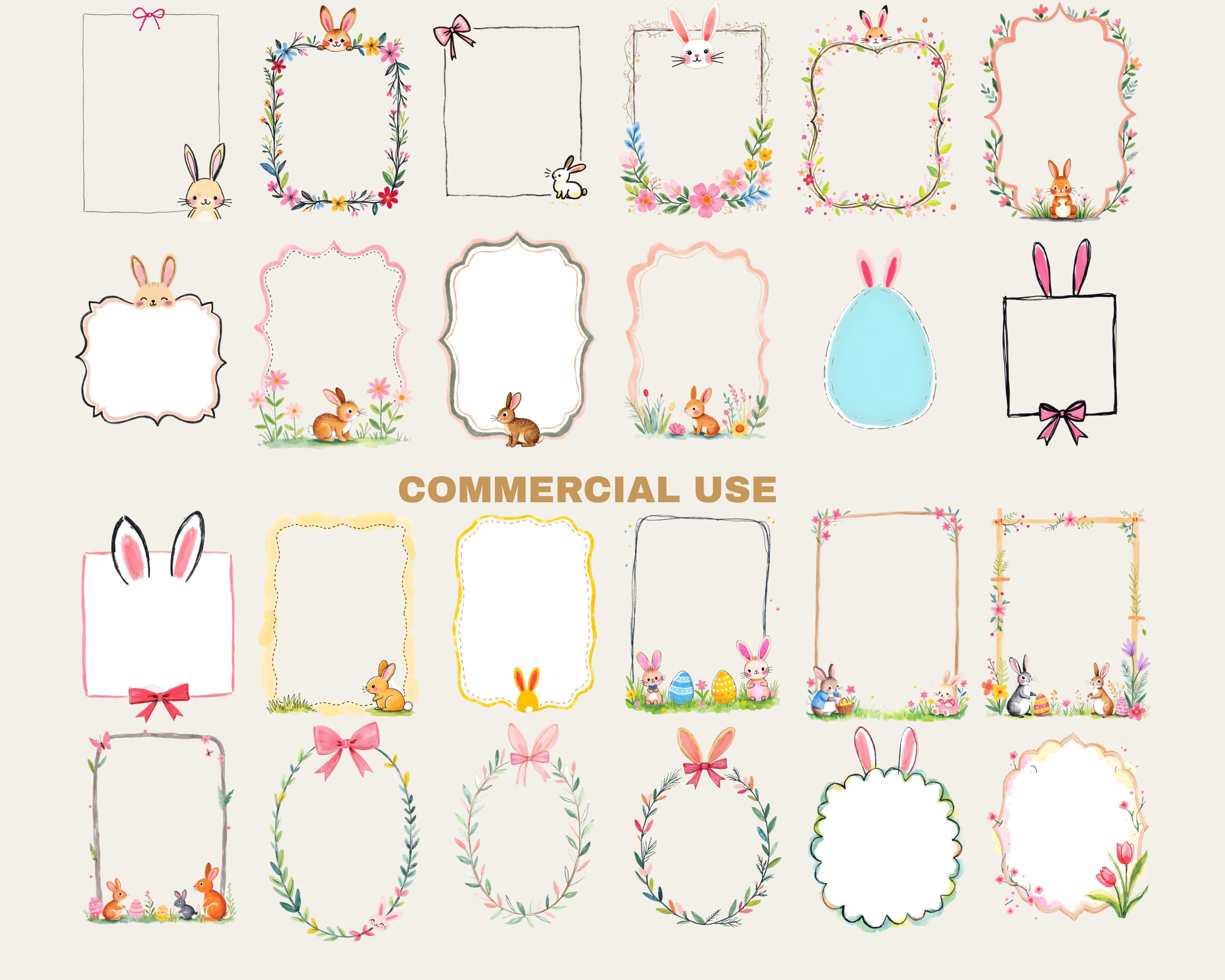 Hand Drawn Easter Frames Clipart Bundle Bunnies, Chicks, Bows Spring ...