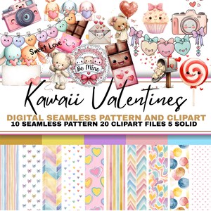 May include: A digital art collection featuring Kawaii Valentine's Day themed elements. The image includes cute illustrations of bunnies, bears, chocolates, hearts, cameras, and patterns. Text reads "Kawaii Valentines" and "Digital Seamless Pattern and Clipart".