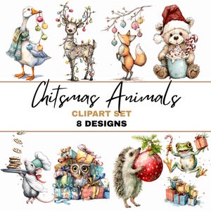 The image is a collection of eight different illustrations depicting various animals, including a duck, a fox, a bear, a hedgehog, a frog, a mouse, and an owl, all wearing festive Christmas-themed attire and accessories.