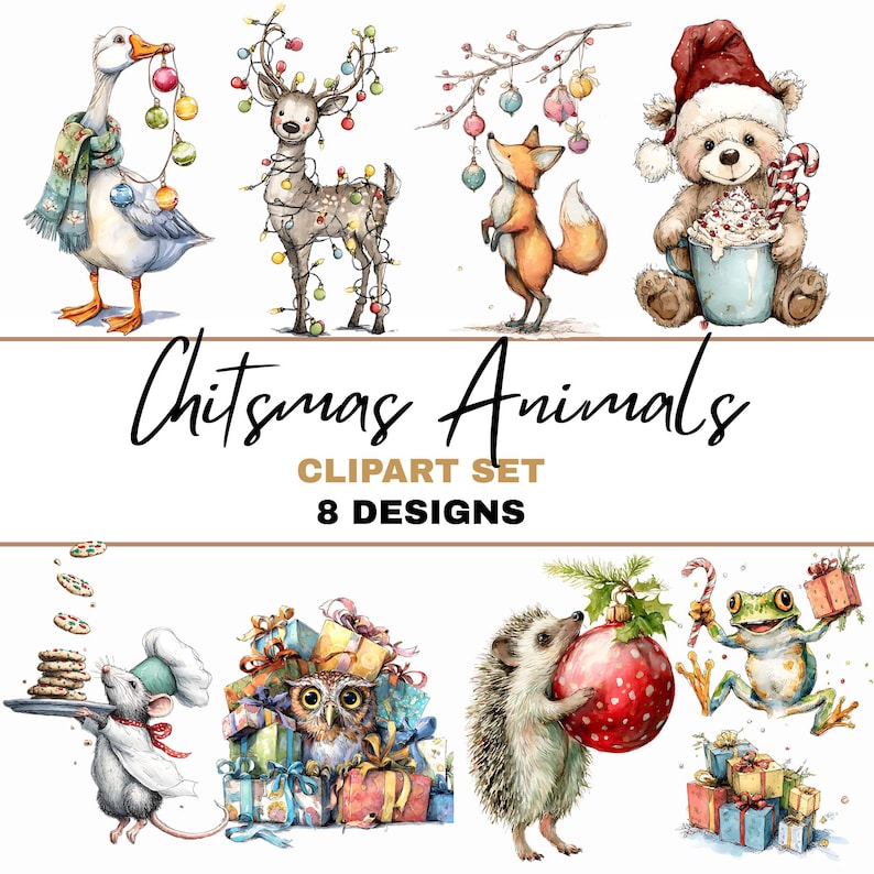 The image is a collection of eight different illustrations depicting various animals, including a duck, a fox, a bear, a hedgehog, a frog, a mouse, and an owl, all wearing festive Christmas-themed attire and accessories.
