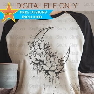 Lotus Moon T-Shirt Design, Unalome PNG, Digital Download, Mandala Shirt, Flower SVG, Yoga Vector, Commercial Use, DTF, Cricut File
