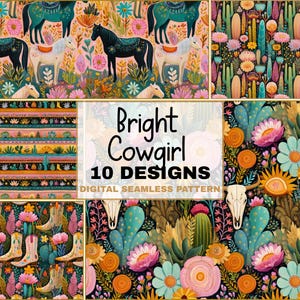 Könnte beinhalten: Eine Sammlung von zehn digitalen nahtlosen Mustern mit einem hellen Cowgirl-Thema. Die Designs zeigen Pferde, Kakteen, Blumen und Cowboy-Stiefel in leuchtenden Farben. Der Text "Bright Cowgirl 10 DESIGNS" ist ebenfalls sichtbar.