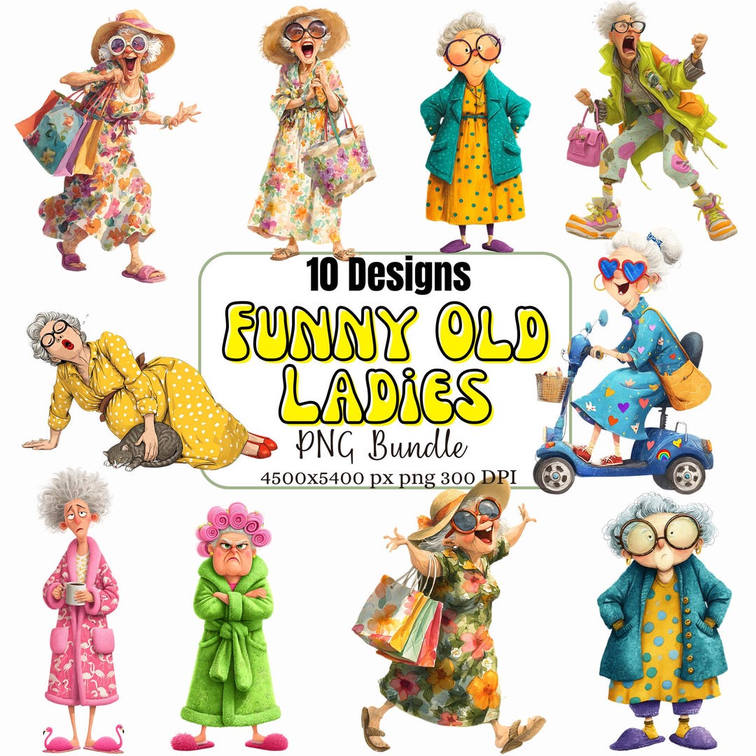 Funny Old Lady Clipart Set, Whimsical Granny Pngs, Bright Color Cartoon ...