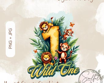 家族向けワイルドワンジャングル動物誕生日PNG、水彩サファリジャングル1歳の誕生日クリップアート、子供用昇華転写プリント、誕生日シャツ、かわいい動物