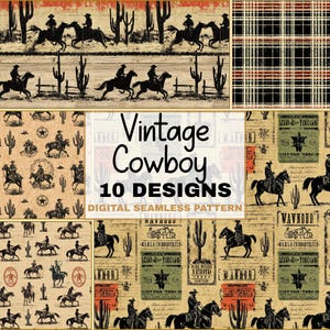 Może przedstawiać: Kolekcja dziesięciu cyfrowych, bezszwowych wzorów w stylu vintage cowboy. Wzory przedstawiają kowbojów na koniach, kaktusy i rustykalne tekstury w odcieniach brązu, czerni i beżu. Widoczny jest również tekst "Vintage Cowboy 10 Designs".