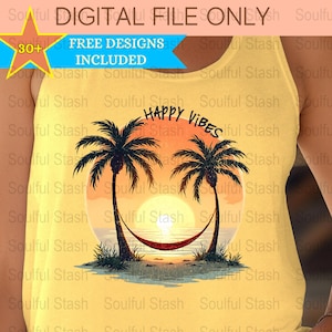 May include: A yellow tank top with the text "HAPPY VIBES" in black. The design features a sunset with palm trees and a hammock.