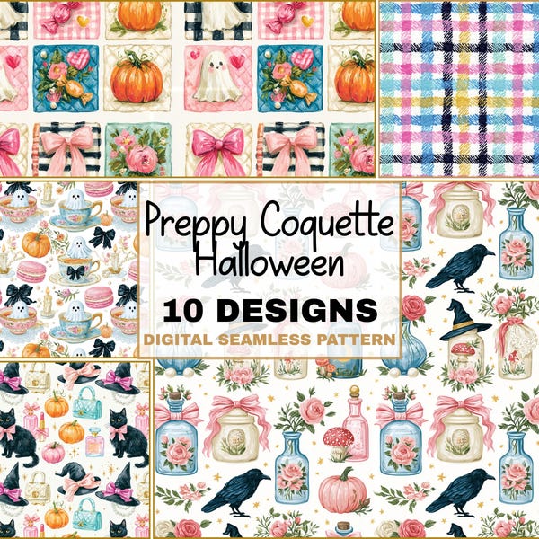 Preppy Coquette Halloween Seamless Pattern Bundle, Ghost Pumpkin Witch Digital Paper, Pink Blue Fall Plaid Digital Download