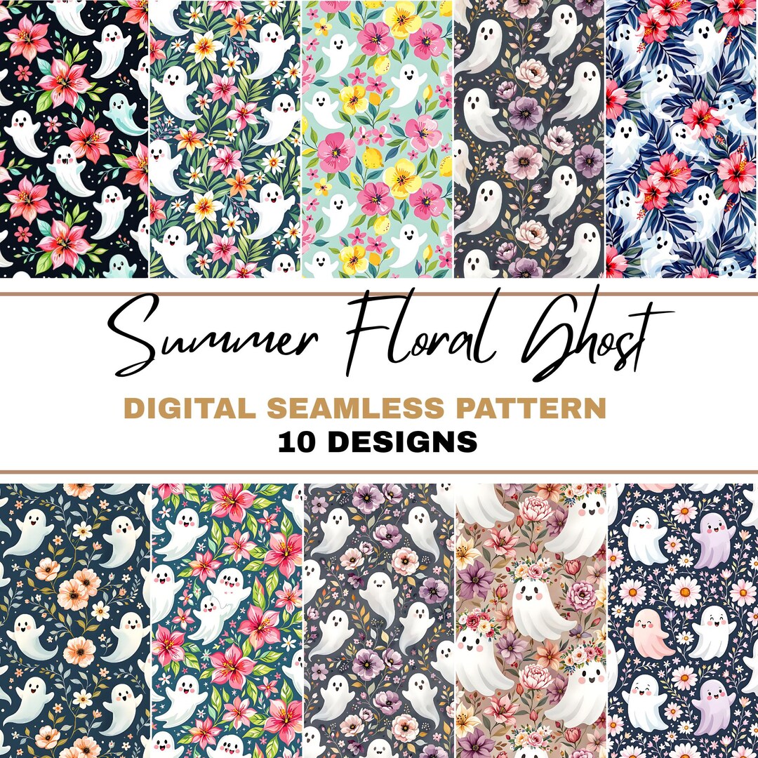 Summer Floral Ghost PNG Seamless Bundle , Pattern Print, Watercolor ...