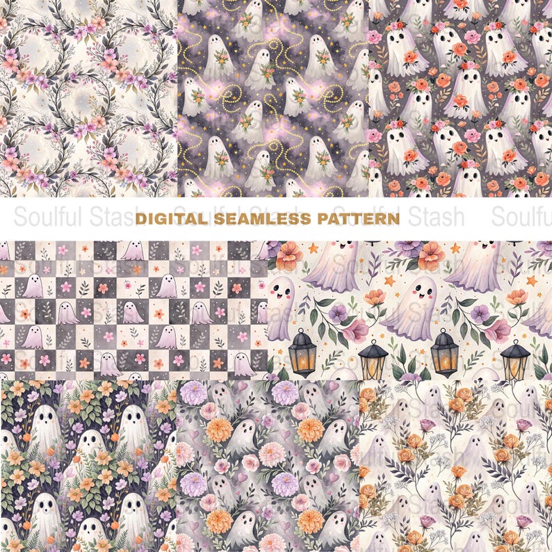 Floral Ghost PNG Seamless Bundle, Halloween Pattern Print, Spooky ...