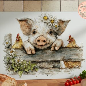 May include: A watercolor illustration of a pig wearing a daisy crown, peeking over a wooden fence. Two chickens are on either side of the pig. The image has a rustic, farm-like theme, with a soft color palette.