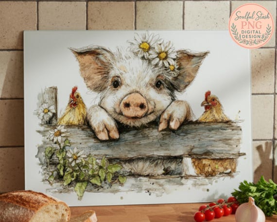 A sweet pig with a daisy crown leaning over a rustic fence with chickens, charming farmhouse kitchen glass cutting board designs