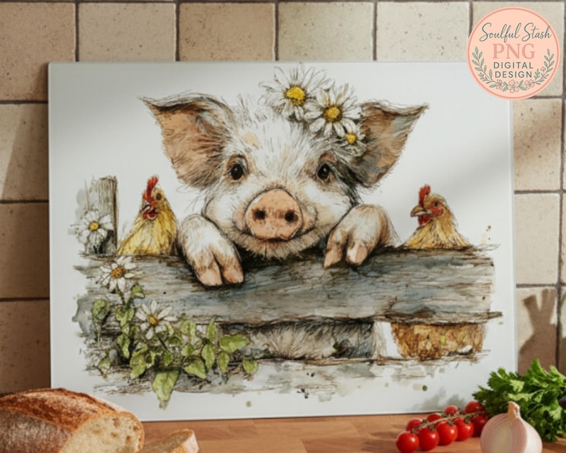 May include: A watercolor illustration of a pig wearing a daisy crown, peeking over a wooden fence. Two chickens are on either side of the pig. The image has a rustic, farm-like theme, with a soft color palette.