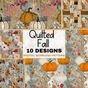 Quilted Fall Seamless Pattern Bundle Pumpkin Floral Patchwork Autumn Cottagecore Digital Download
