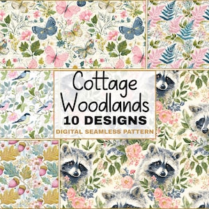 Op de afbeelding: Een verzameling van tien digitale naadloze patronen met een cottage-bos thema. De ontwerpen tonen vlinders, vogels, wasberen, bloemen en bladeren in zachte pastelkleuren. De tekst "Cottage Woodlands 10 Designs Digital Seamless Pattern" wordt weergegeven.