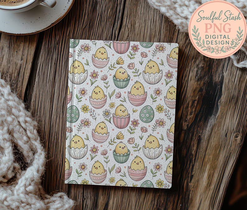 a notebook with a repeating pattern of colorful chicks nestled in various eggshells, surrounded by flowers and leaves, placed on a wooden surface.