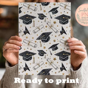 A person is holding a printed paper with a graduation cap and tassel pattern, along with the text "Ready to print".