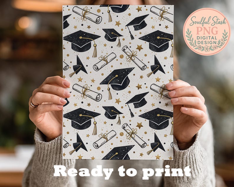 A person is holding a printed paper with a graduation cap and tassel pattern, along with the text "Ready to print".