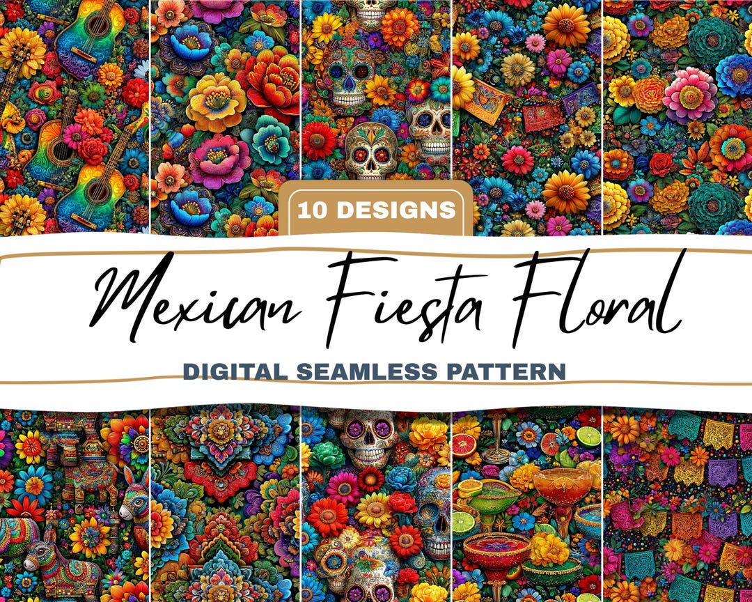 Mexican Fiesta Seamless Pattern Bundle Bold Floral Cinco De Mayo ...