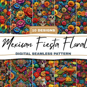 May include: A vibrant digital seamless pattern collection titled "Mexican Fiesta Floral." The designs feature colorful flowers, guitars, sugar skulls, and festive elements. The text "10 Designs" and "Digital Seamless Pattern" are also visible.
