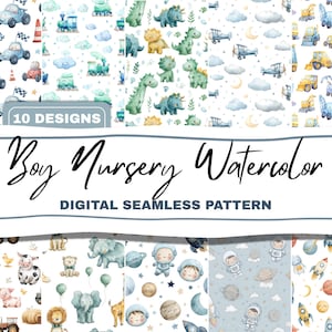 Könnte beinhalten: Ein digitales nahtloses Muster-Set mit zehn Designs, das Aquarell-Illustrationen zeigt. Die Muster umfassen Autos, Dinosaurier, Flugzeuge, Baufahrzeuge, Nutztiere, Astronauten und Raketen. Der Text "Boy Nursery Watercolor" und "Digital Seamless Pattern" wird angezeigt.