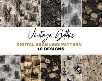 Op de afbeelding: Een verzameling van tien digitale naadloze patronen met een vintage gotisch thema. De patronen bevatten schedels, portretten, architecturale elementen en antieke efemera in zwart, grijs en sepia. De tekst "Vintage Gothic" en "Digital Seamless Pattern" is ook zichtbaar.
