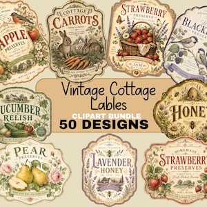 May include: A collection of decorative labels featuring illustrations of fruits, vegetables, and garden elements with text including Apple Preserves, Cottage Carrots, Strawberry Preserve, Wild Blackberry, Cucumber Relish, Honey, Pear, and Lavender Honey.