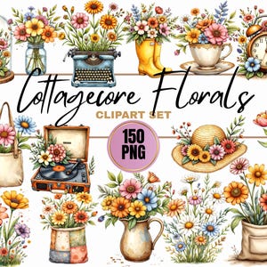 Op de afbeelding: Watercolor clipart set met cottagecore bloemen. De afbeelding toont verschillende arrangementen van kleurrijke bloemen in een verscheidenheid aan containers, waaronder een typemachine, een theekopje, een regenlaars en een draagtas. De tekst "Cottagecore Florals" wordt weergegeven.