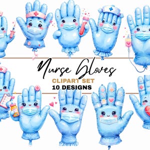 May include: A set of ten cartoon-style blue nurse gloves with smiling faces, wearing masks, and holding medical supplies. The text "Nurse Gloves" and "Clipart Set 10 Designs" is displayed in black and gold.