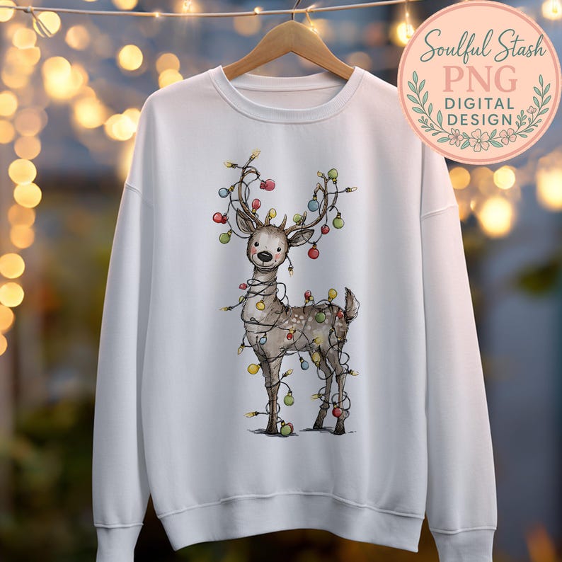 A white sweatshirt with a graphic of a deer wearing colorful Christmas lights on its antlers.