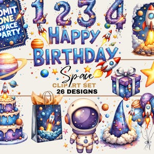 Space Birthday Clipart Bundle with Balloon Numbers rockets Galaxy Digital Download