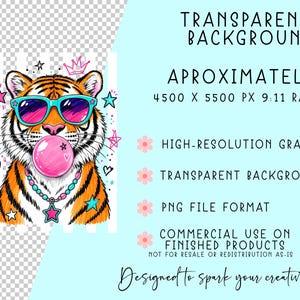 a tiger wearing sunglasses and a necklace, with a bubble gum bubble blowing in its mouth.