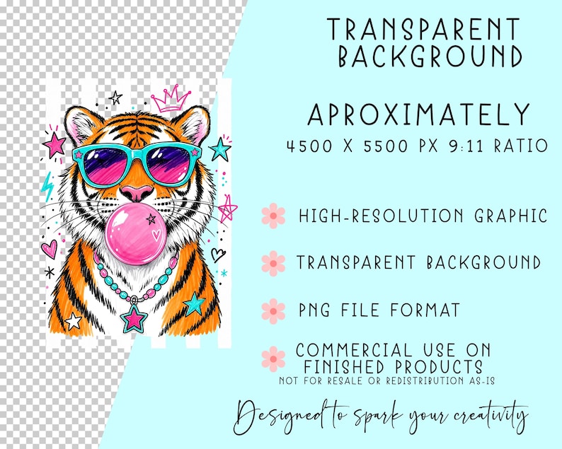 a tiger wearing sunglasses and a necklace, with a bubble gum bubble blowing in its mouth.