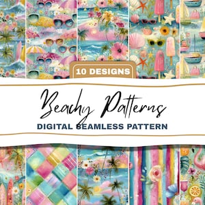 May include: A collection of ten digital seamless patterns with a beach theme. The patterns feature illustrations of sunglasses, umbrellas, sailboats, and palm trees in a watercolor style. The text "Beachy Patterns" is displayed.
