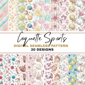 Op de afbeelding: Een digitaal naadloos patroonontwerp met 20 verschillende patronen. De patronen omvatten sportuitrusting zoals tennisballen, kegels, voetballen en American footballs, samen met bloemen- en streepontwerpen. De tekst "Coquette Sports" wordt weergegeven.