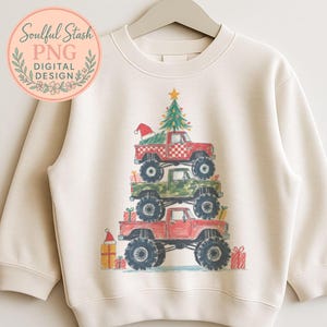 Julgran med monstertruck i kritstil | Handritad jultruckkonst, digital nedladdning