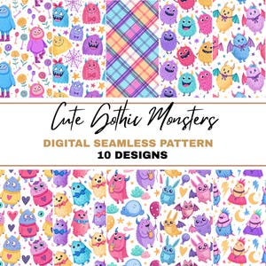 Pastel Gothic Cute Furry Monster Seamless Pattern Bundle, Pattern Print, Halloween Kawaii Aesthetic, Pastel Goth Seamless, Pastel Goth,