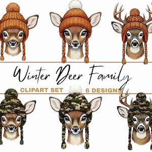 May include: A digital clipart set featuring six deer designs. The deer are depicted wearing winter hats, including orange knit and camouflage patterns. The text "Winter Deer Family" and "Clipart Set 6 Designs" is included.